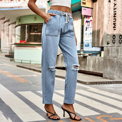 Lace Up Drawstring Elastic Waist Ripped Denim Pants Casual Pants