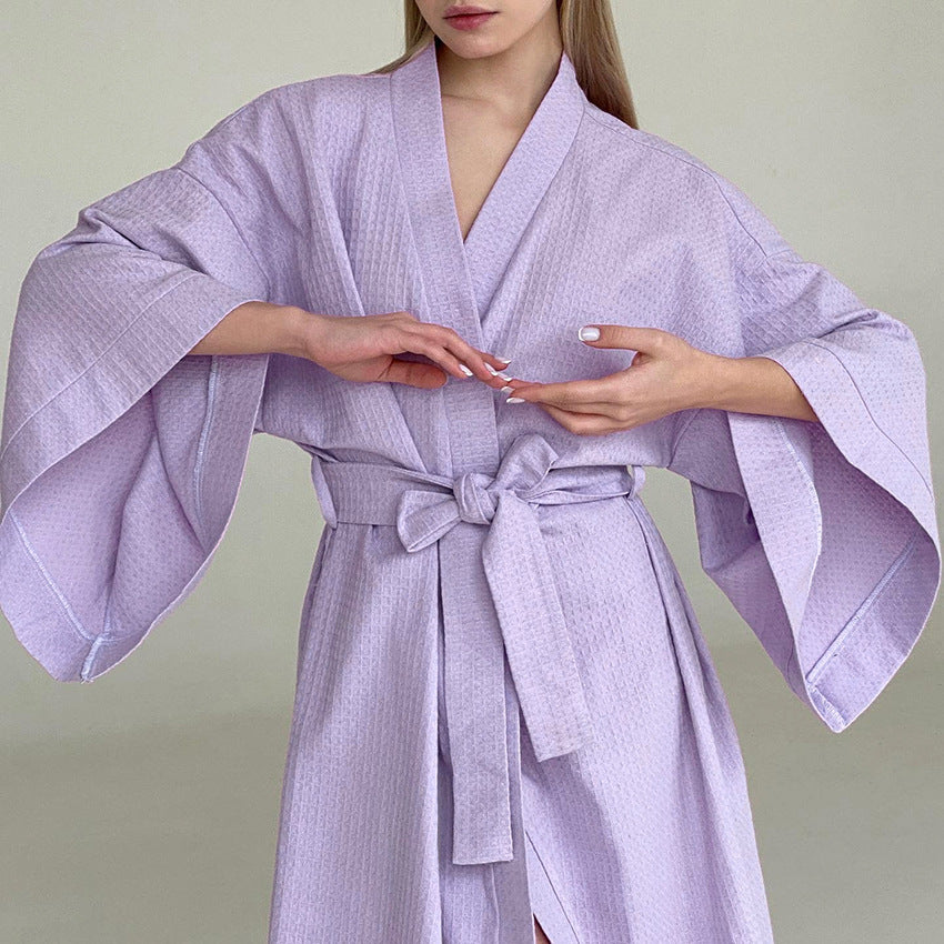 Light Luxury Waffle Loose Long Robe Hotel Bathrobe French Purple Homewear