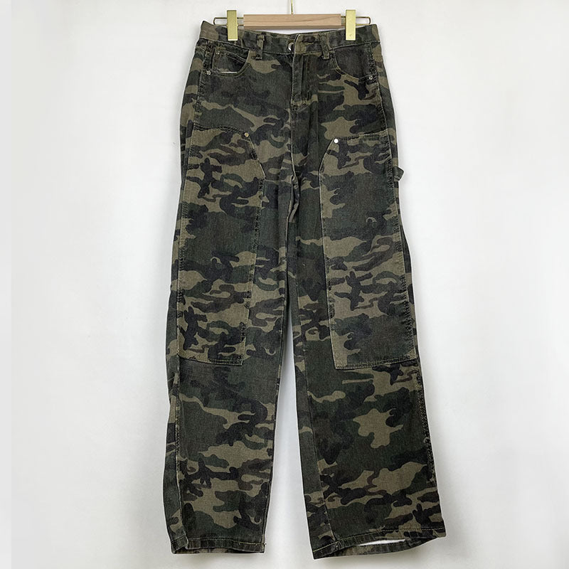 Jeans camouflage High Street Tooling Pantalons amples Pantalons larges Pantalons droits vert armée Pantalons décontractés