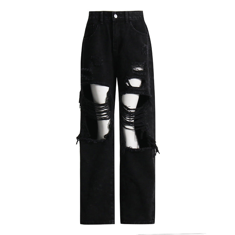 Pantalon en jean taille haute coupe droite, ample, troué, noir, drapé amincissant, jambe large, jean serpillière