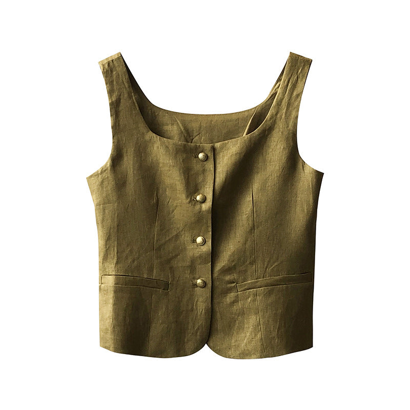 Retro Linen Vest-Interest Square Collar Sleeveless Short Top