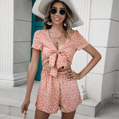 Printed Short Sleeve Lace up cropped Bohemian Bell Sleeve Romper