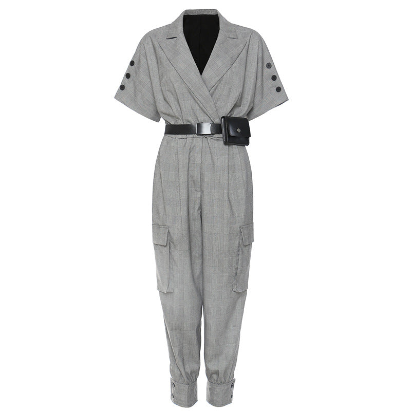 Workwear Pattern Collar Short Sleeve One Piece Trousers Casual Pants Free Waist Bag