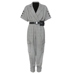 Workwear Pattern Collar Short Sleeve One Piece Trousers Casual Pants Free Waist Bag