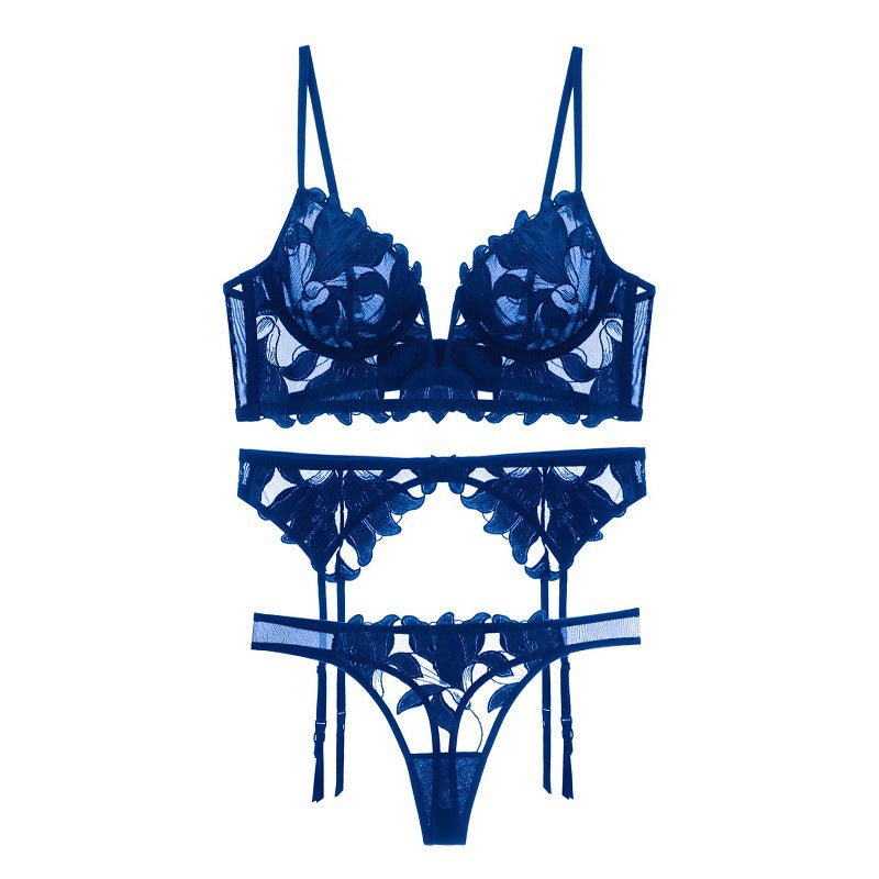 Underwear 3 Piece Suit with Steel Ring Push up Deep V Plunge Plunge Ultra-Thin Yarn Embroidered Bra Garter Underwear
