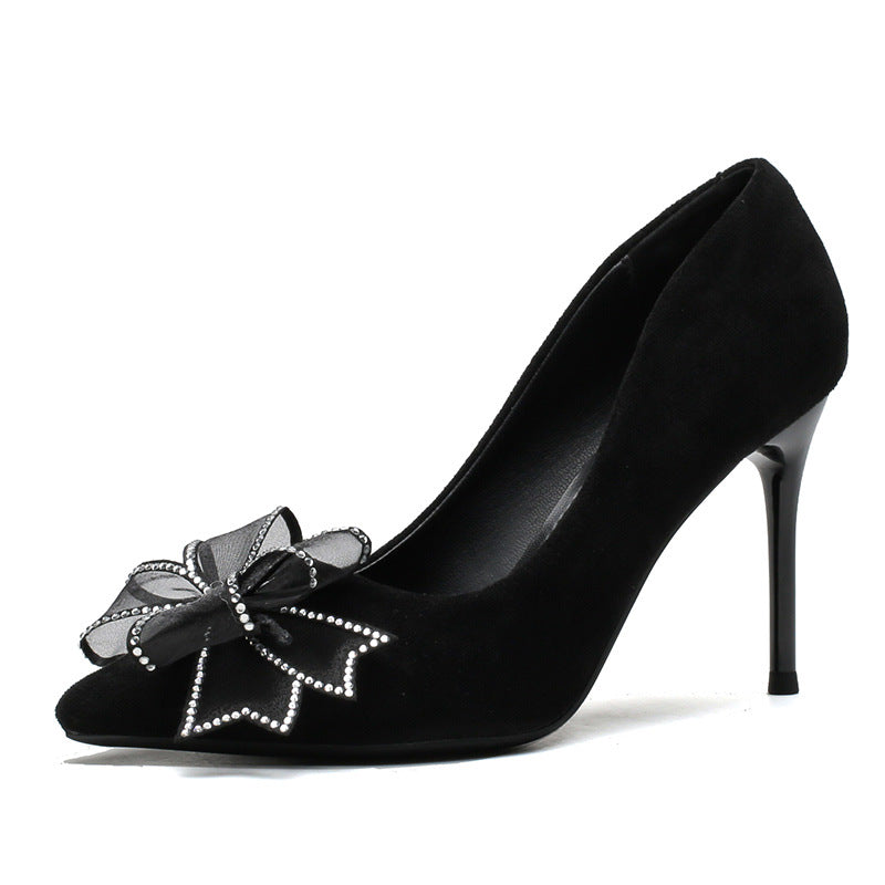 Women's High Suede Black Bow Banquet Heels