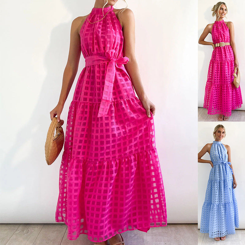 StCollar Einfarbiges kariertes Retro-Maxikleid Freizeitkleid
