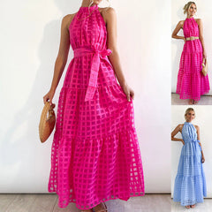 StCollar Einfarbiges kariertes Retro-Maxikleid Freizeitkleid