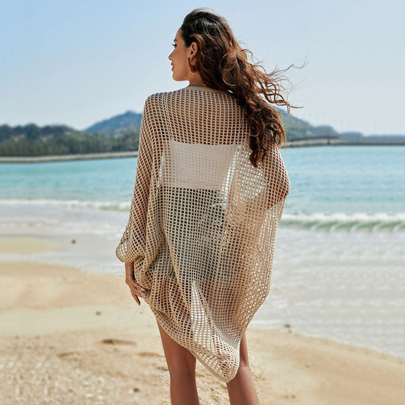 Knitted Beach Cover up Seaside Cutout Vacation Sun Protection Shawl Bikini Cover