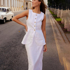 Gilet sans manches à col carré blanc, jupe taille haute, costume High Sense