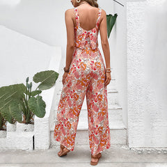 Beach Printed Square Collar Sling Vest Pants Vacation Jumpsuit