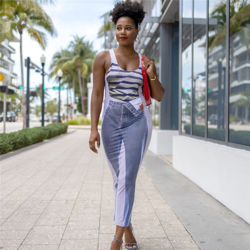 Sleeveless Digital Printed High Waist Slim Fit Maxi Dress