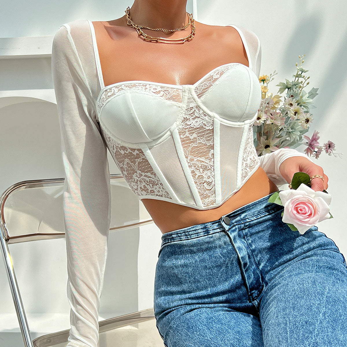 Streetable Black Lace Grenadine Boning Corset Slim Fit Square Collar Long Sleeve Top