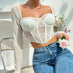 Streetable Black Lace Grenadine Boning Corset Slim Fit Square Collar Long Sleeve Top