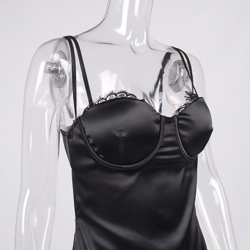 Satin Lace See-through Square Collar Backless Sheath Cami Dress