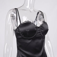 Satin Lace See-through Square Collar Backless Sheath Cami Dress