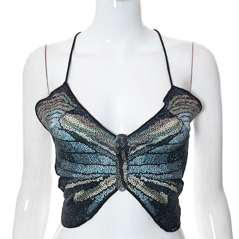 Halter Strap Bare Back Short Butterfly Top