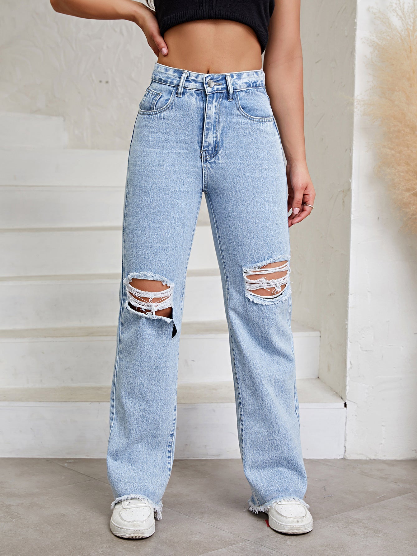Pantalon en jean déchiré droit amincissant taille haute