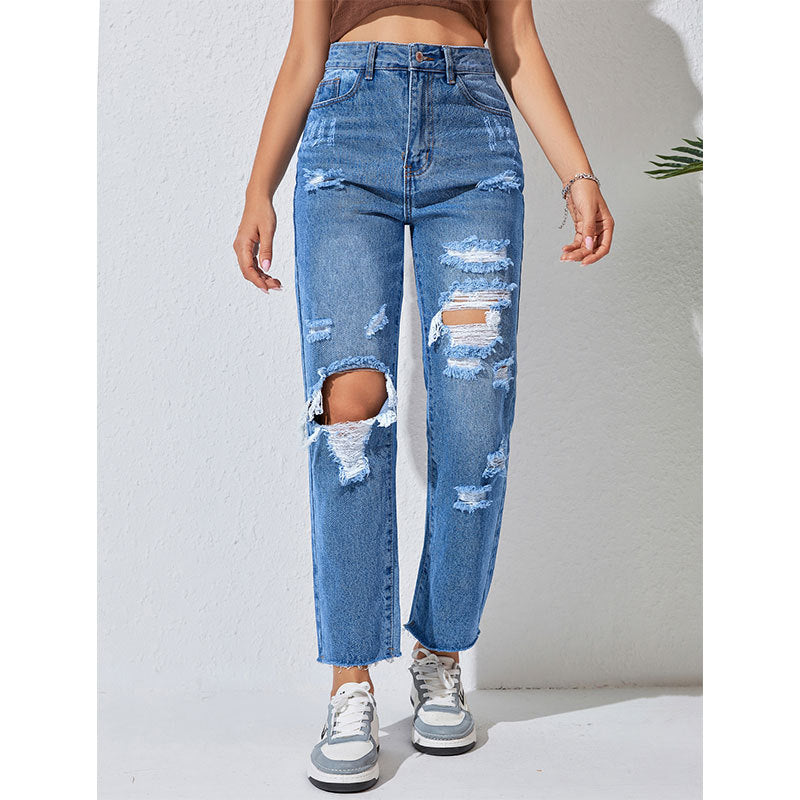 Jeans droits déchirés, pantalons effilochés, street denim