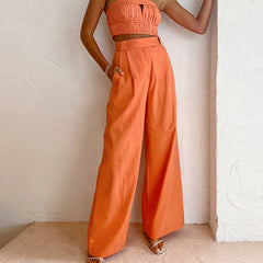 Pantalon de travail décontracté orange taille haute en coton et lin, pantalon large taille haute tombant