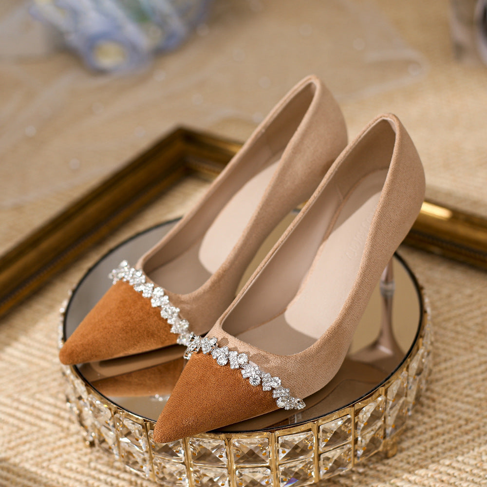 Women's Pointed Toe Shining Rhinestone Suede Black
