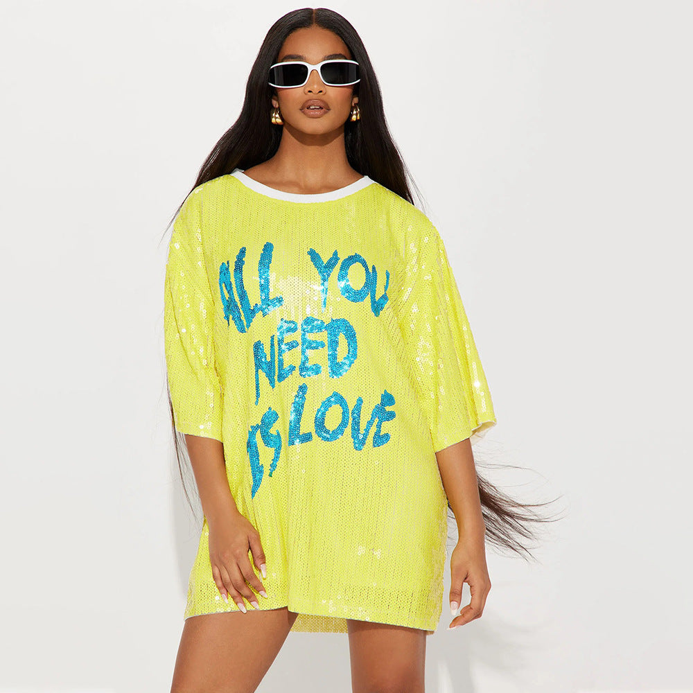 Round Neck Half Sleeved Loose Sequin Printed Dress Party Sequin Model Night Club Graphic