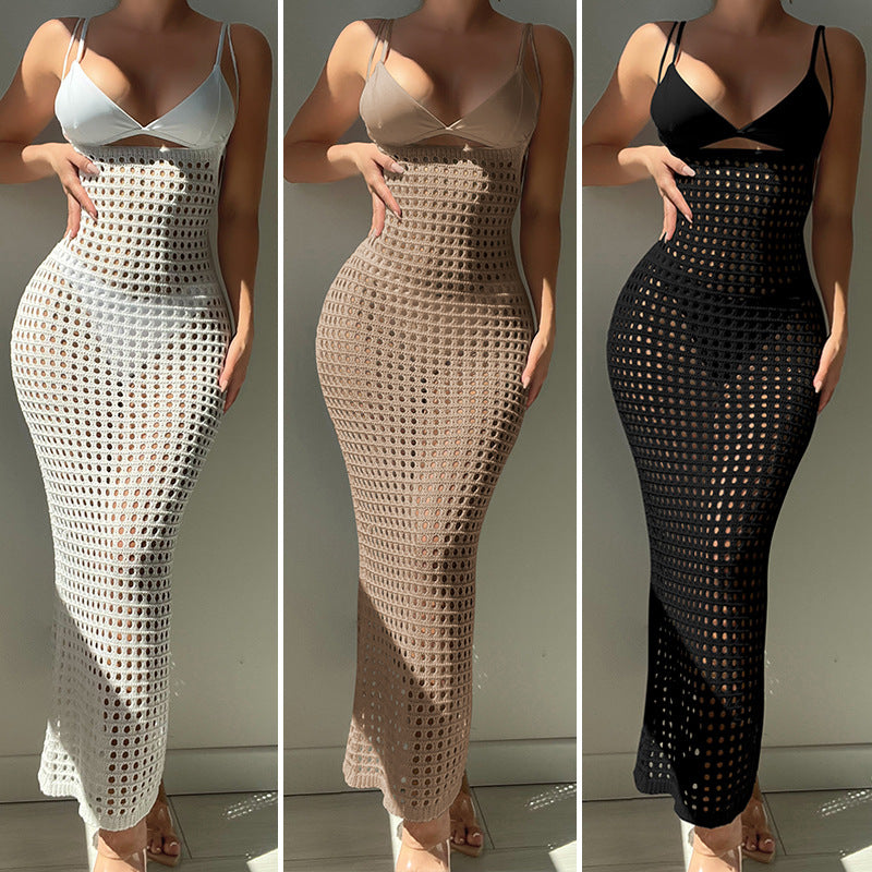 Knitted Camisole Hollow Out Cutout Texture Slim High Waist Maxi Dress Beach Cover up Dress