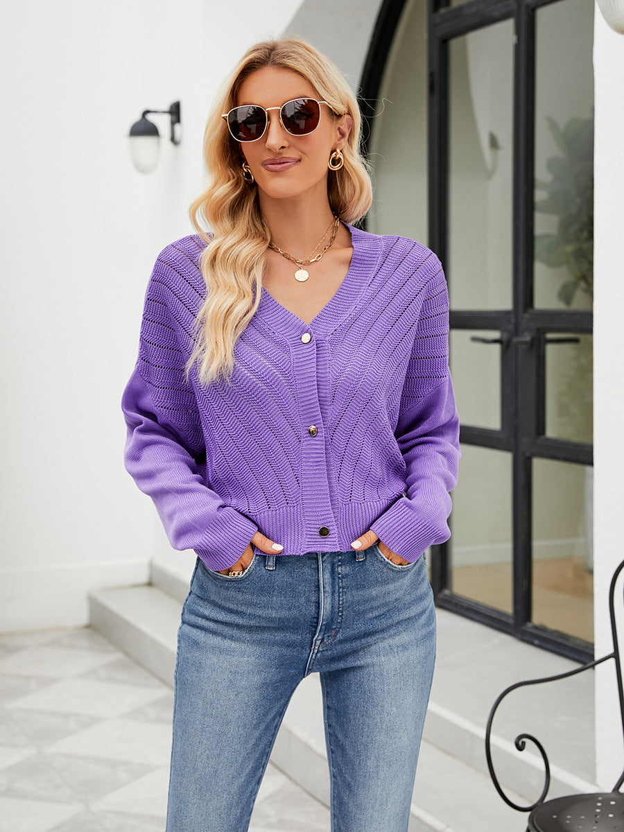 V Neck Hollow Out Cutout Knitted Cardigan Outer Wear Loose Long Sleeved Knitted Top Solid Color Cardigan