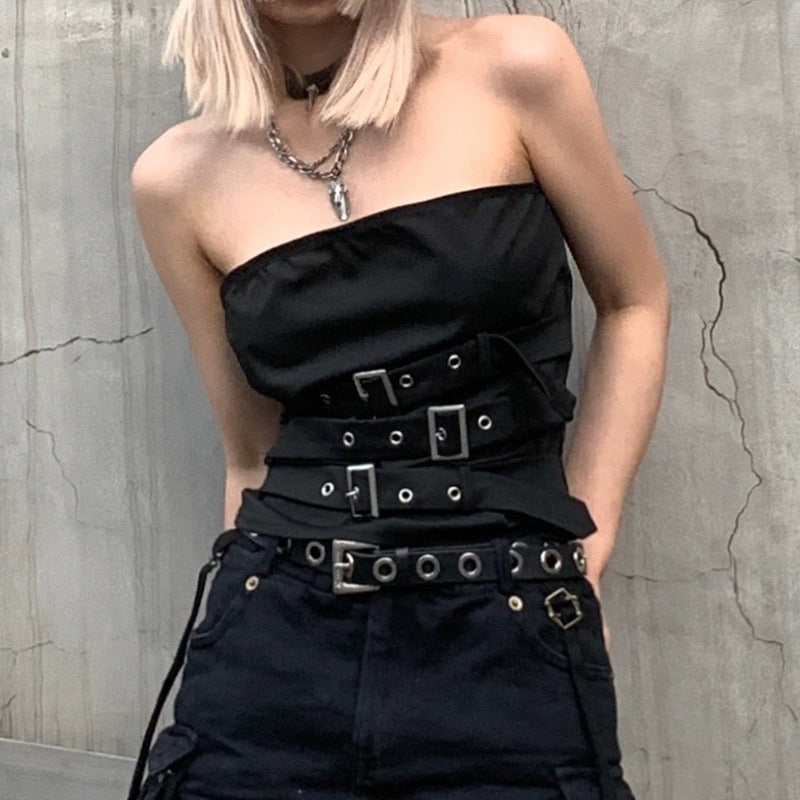 Punk Dark Corns Multiple Straps Metal Adjustment Buckle Tube Top Vest off the Shoulder Top