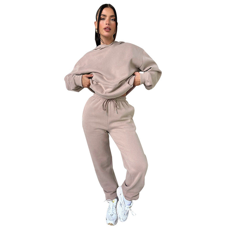 Solid Color Long Sleeve Hooded Fleece Lined Sweater Casual Trousers sets