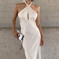 Minimalist White Fishtail High Waist Slim Backless Halter Dress