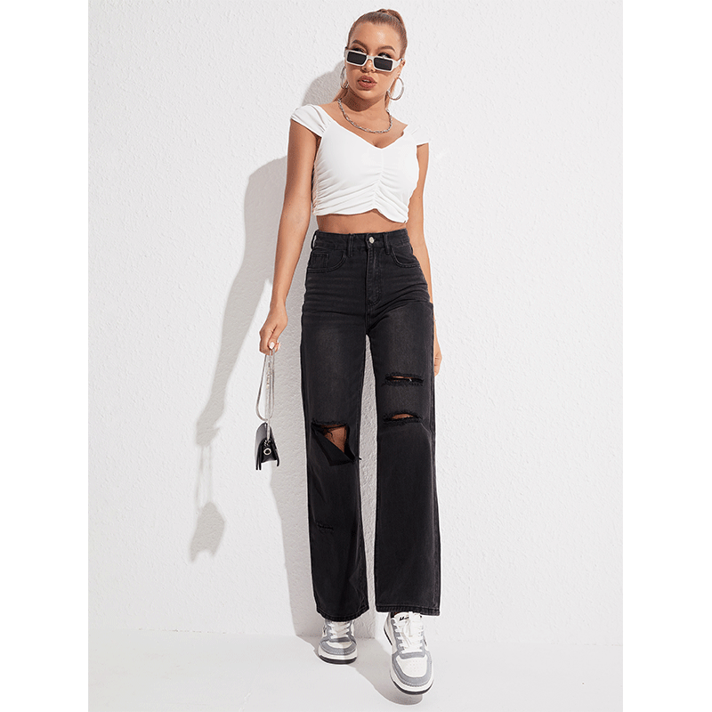 Jeans Schwarz Zerrissene Gerade Freizeithose Street