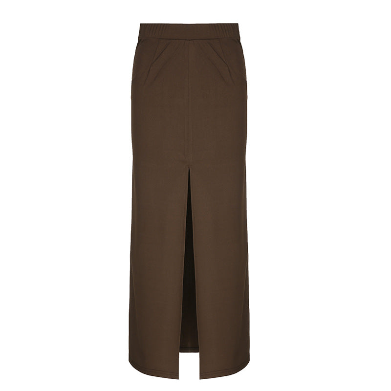 Solid Color One Piece Low Waist Slim Hip Hem Split Skirt