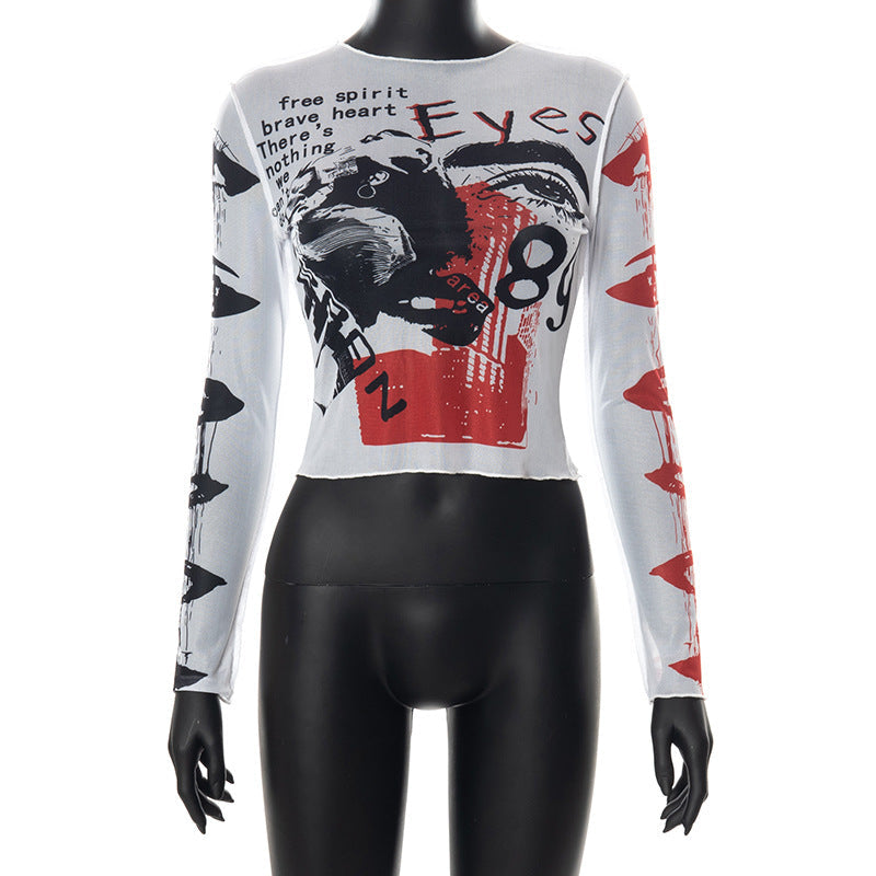 round Neck Pullover Long Sleeve Mesh Printed Cropped Exposed Casual Top