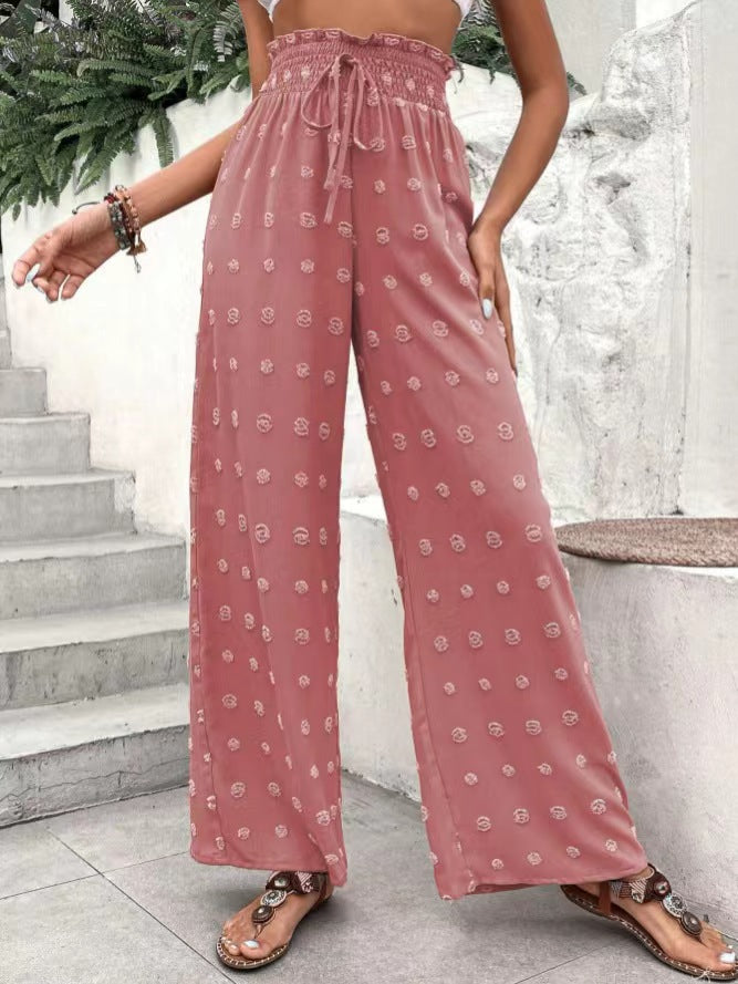 Pantalon décontracté en jacquard à taille haute, coupe ample et élastique, coupe ample, jambes larges
