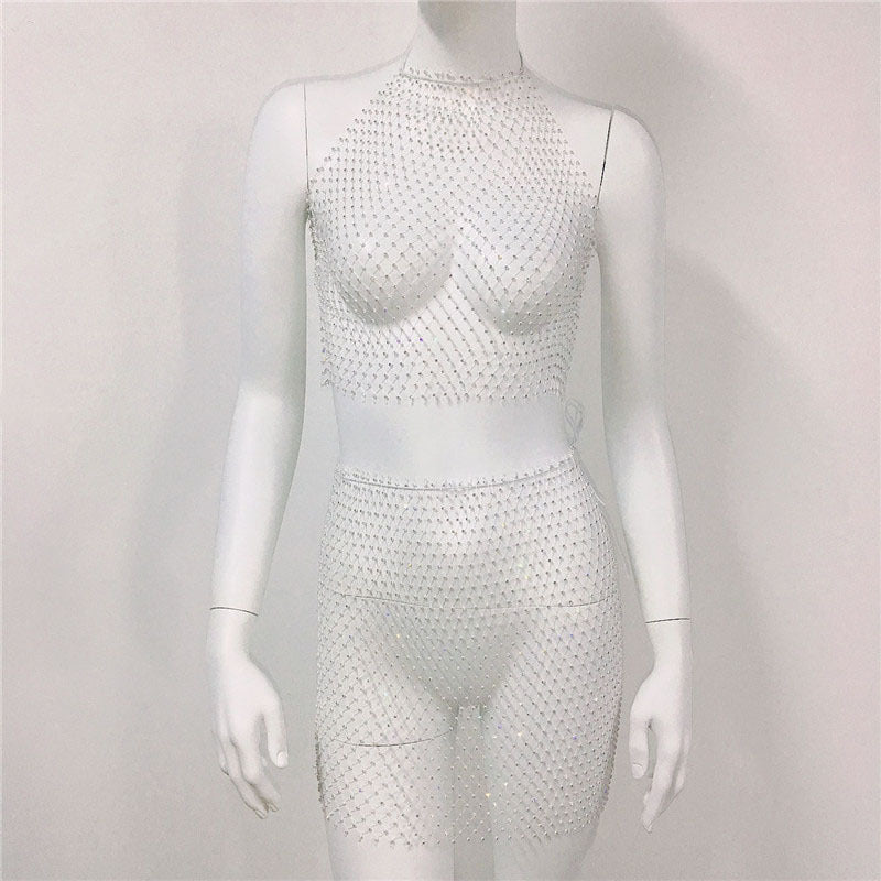 Ensemble jupe de plage en maille avec bretelles en résille et strass