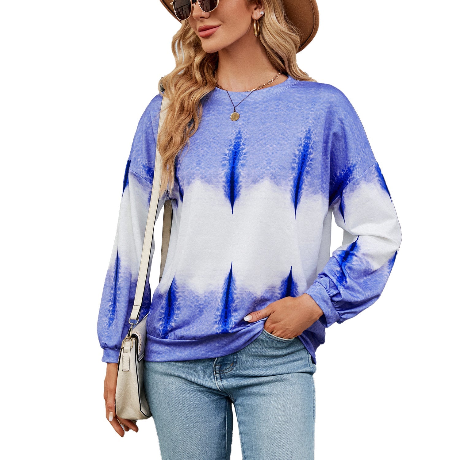 Tie-Dye Contrast Color round Neck Long Sleeve Loose Sweatshirt