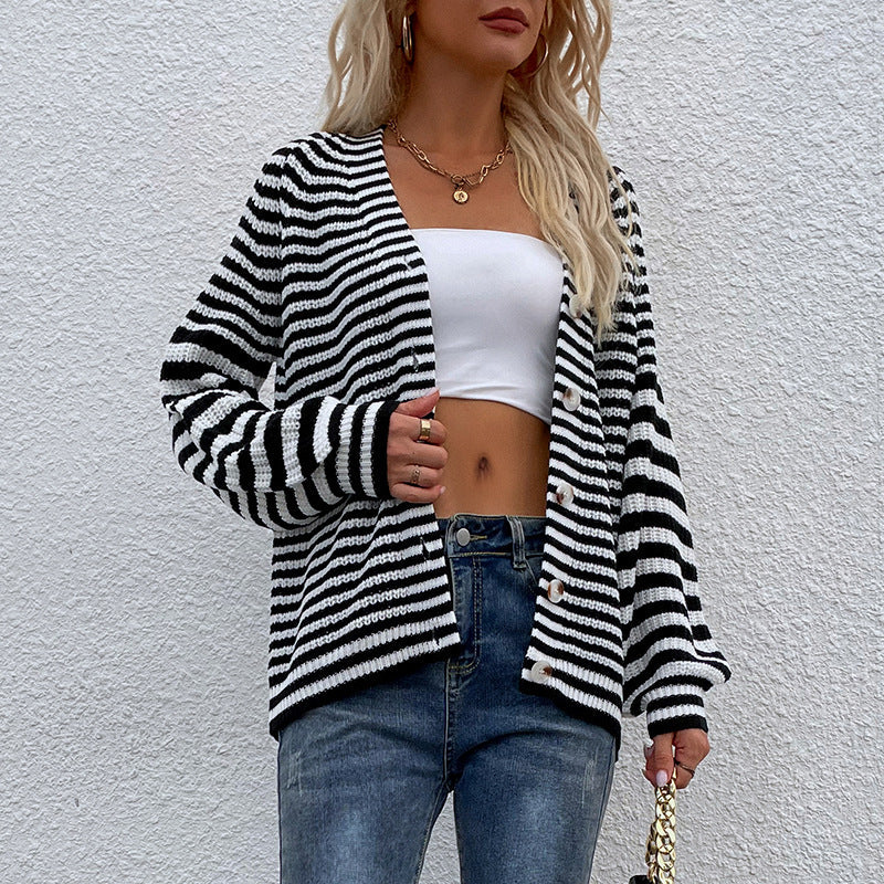 Casual Button Knitted Cardigan Striped V Neck Lantern Sleeve Sweater