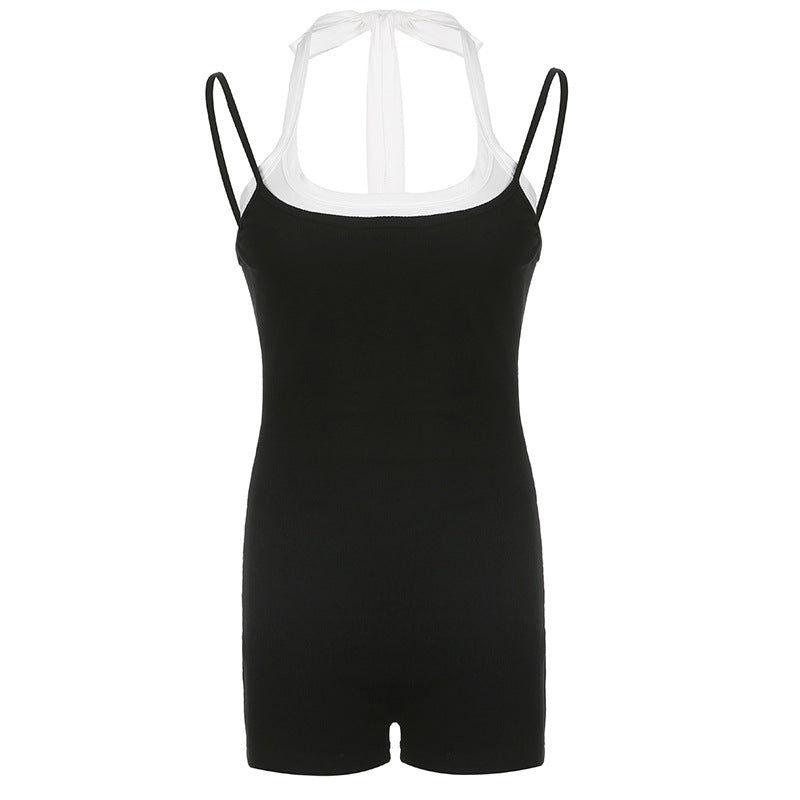 Stitching Contrast Color Halter Strap Street Casual Strap Jumpsuit