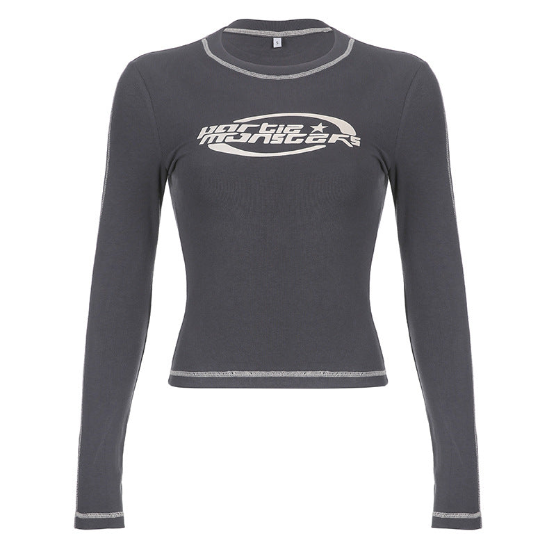 Thread Printed Long Sleeved T Shirt Niche Reverse Car Letter Graphic Pullover Round Neck Slim Bottoming Short Top
