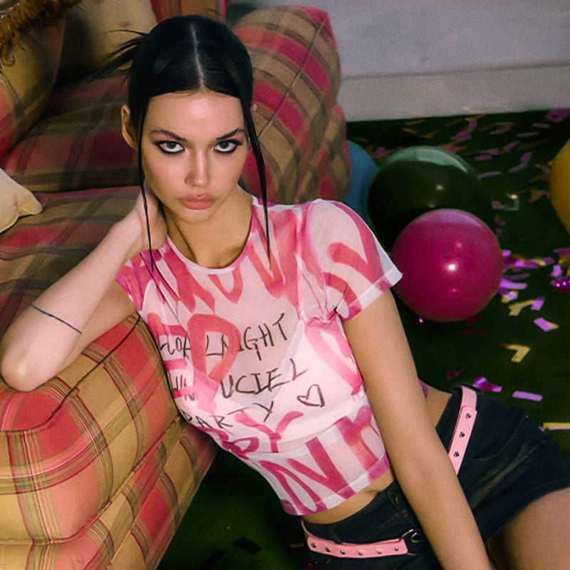 Round Neck Pullover Pink Letters Printed Mesh Transparent Top