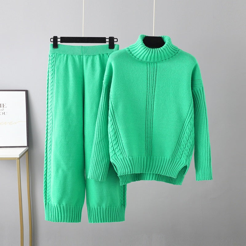 Turtleneck Pullover Thickened Knitting Sweater Casual Set Loose Idle Wide Leg Pants Two Piece Set