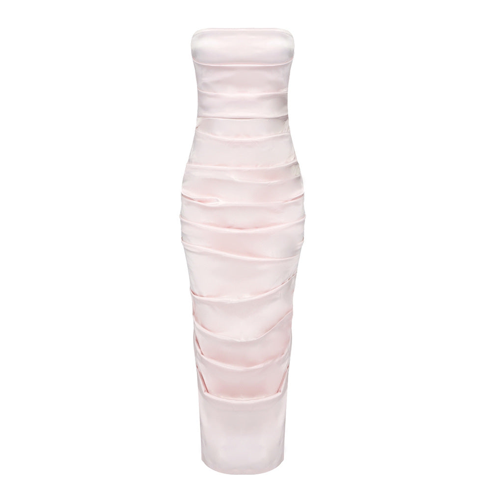 Satin Pleated Strapless Dress Pink Sheath Dress