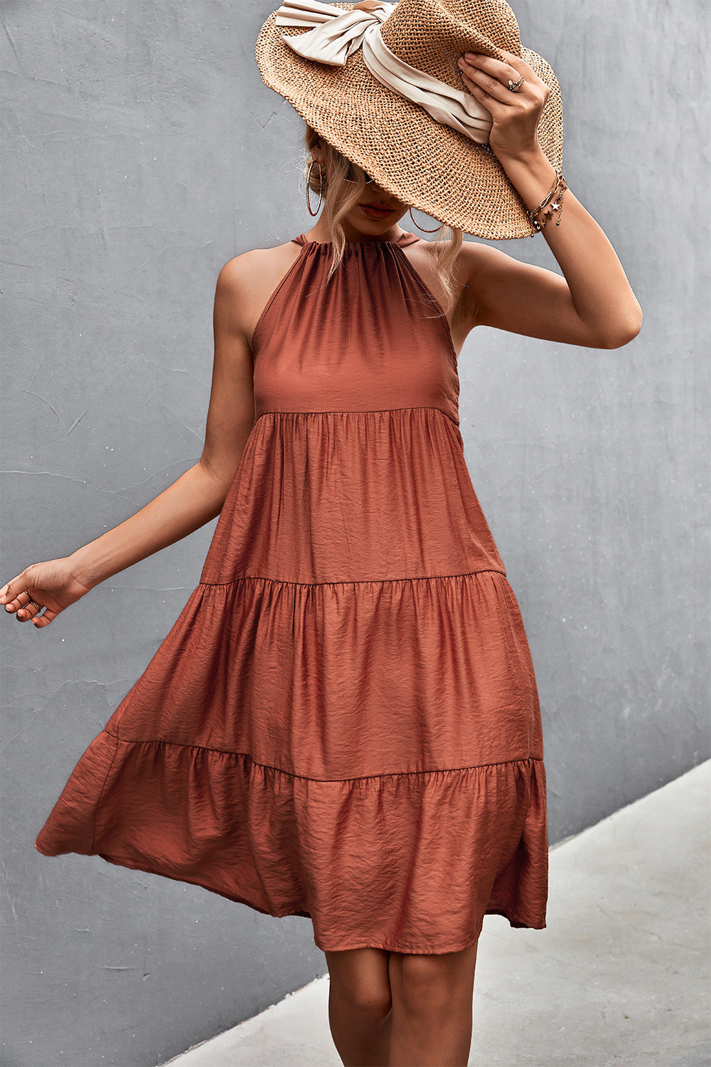 Halter Strap Gathers Stitching Dress