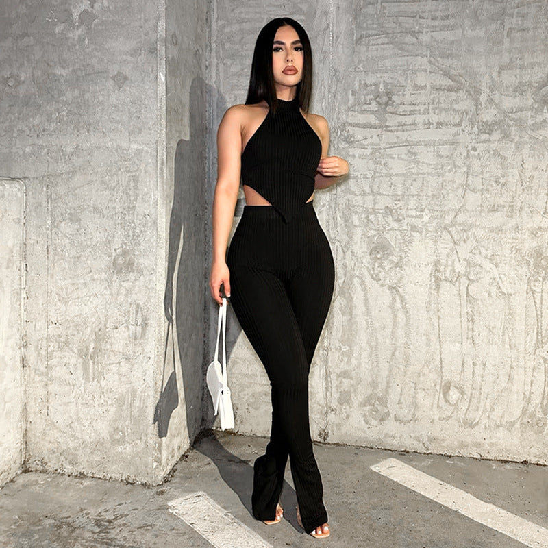 Solid Color Halter Top Trousers Casual Set