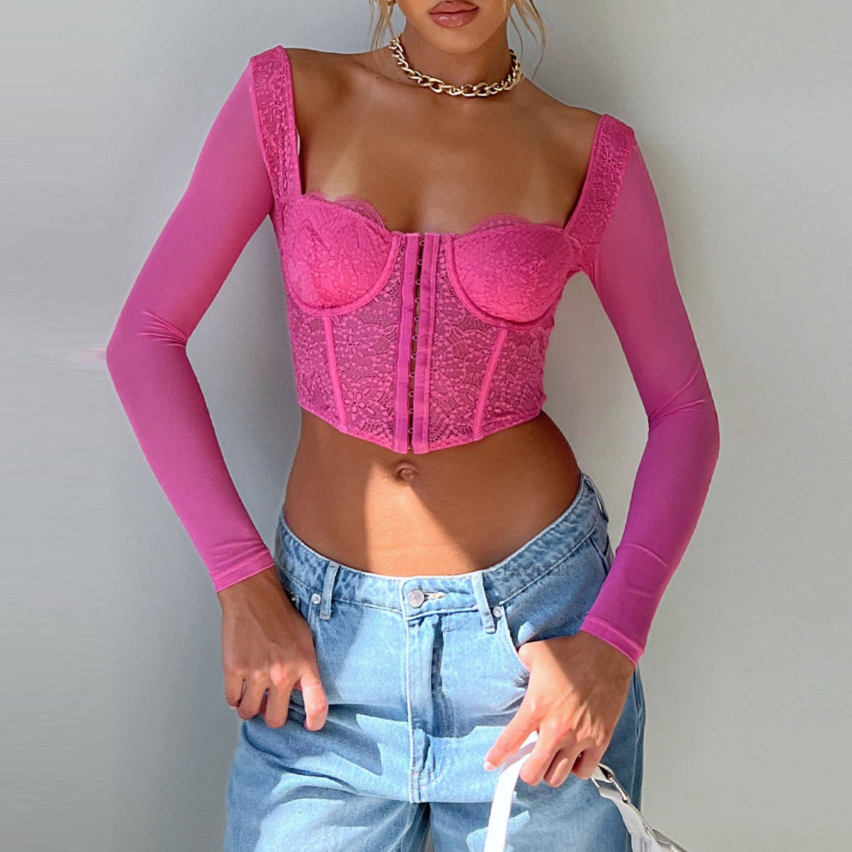 Slim Lace Boning Corset Long Sleeve Square Cut Collar Short Top