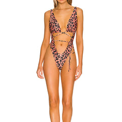 Printed One Piece Swimsuit Leopard Print Printed Lace up One Piece Bikini