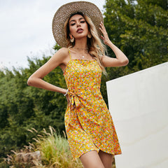 Blue Floral Printed Short Strap Dress Sundress