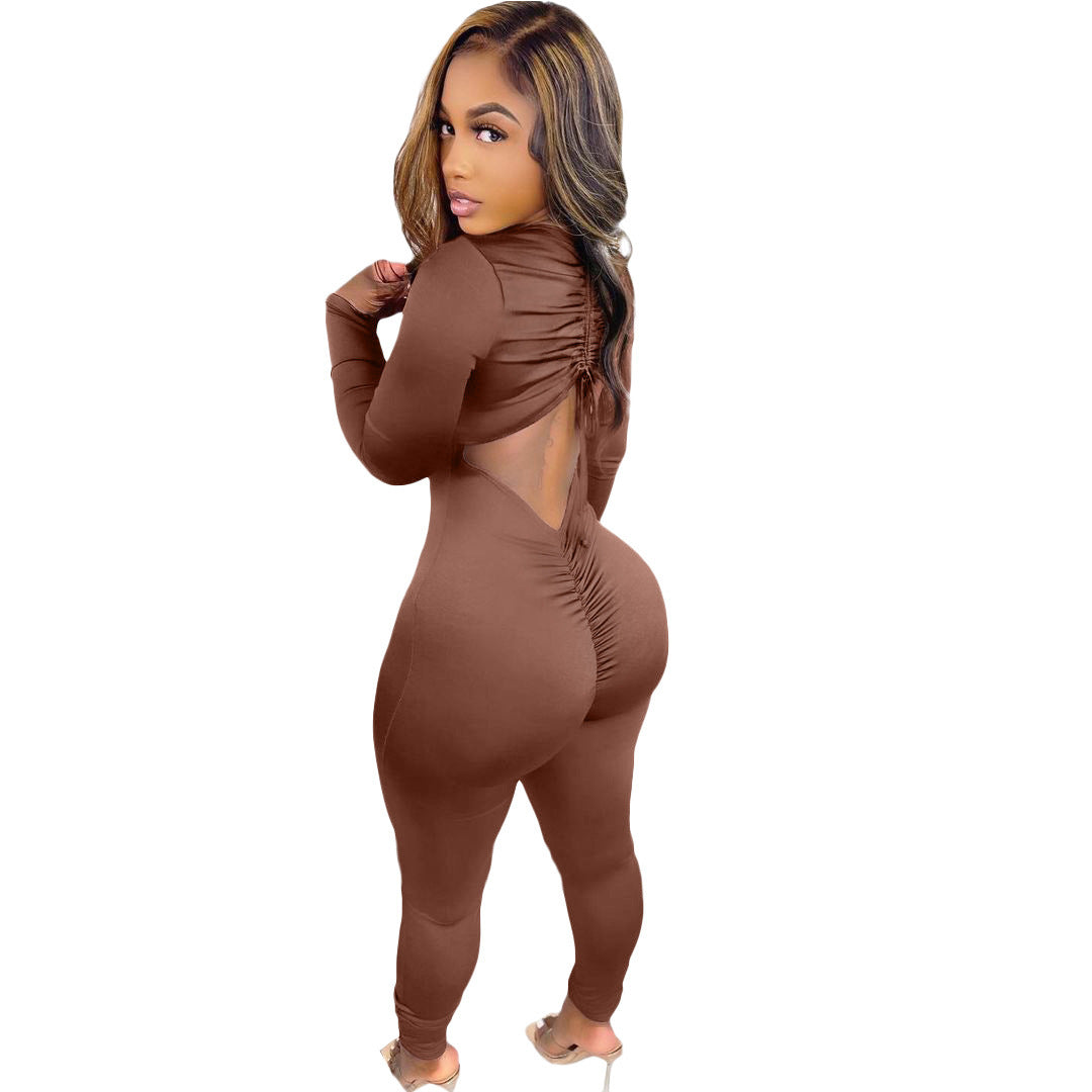 Solid Color V neck Stitching Pleating Jumpsuit