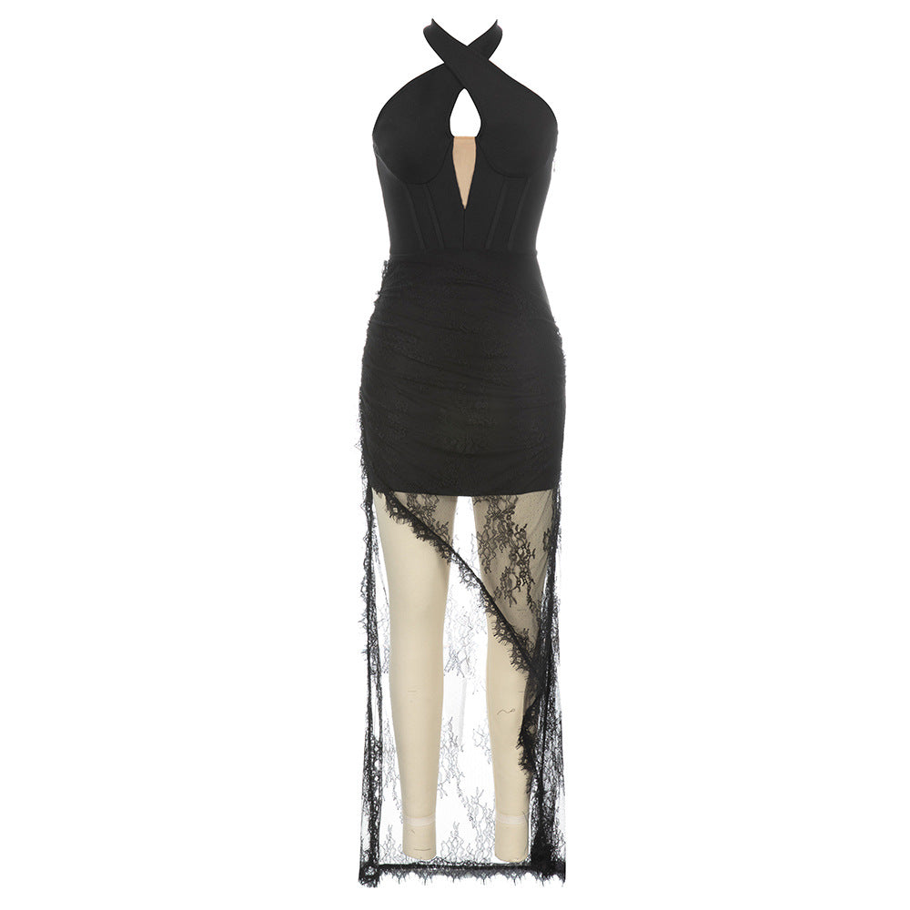 Kleid Bandage Kleid Einfache Kreuz Neckholder Cut-out Rückenfrei Nähte Spitze Slim-Fit